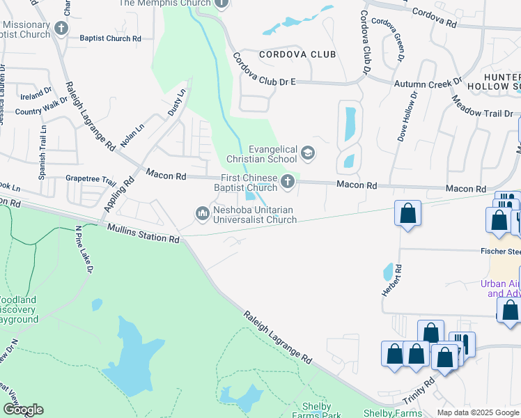 map of restaurants, bars, coffee shops, grocery stores, and more near 7497 Macon Road in Memphis