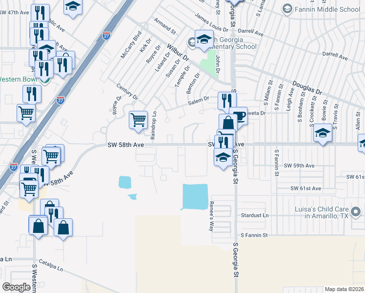 map of restaurants, bars, coffee shops, grocery stores, and more near 5718 Laguna Drive in Amarillo