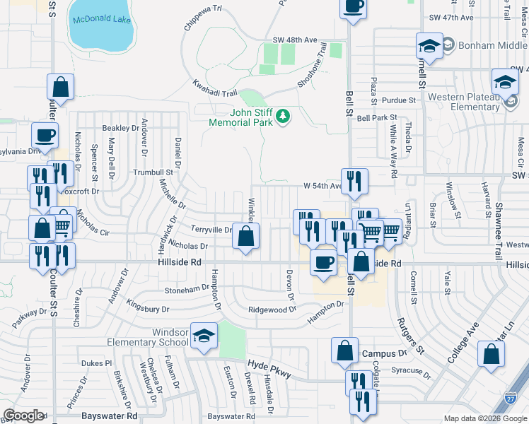 map of restaurants, bars, coffee shops, grocery stores, and more near 5419 Somerset Drive in Amarillo