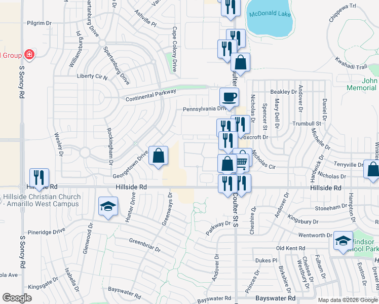 map of restaurants, bars, coffee shops, grocery stores, and more near 7550 Hillside Road in Amarillo