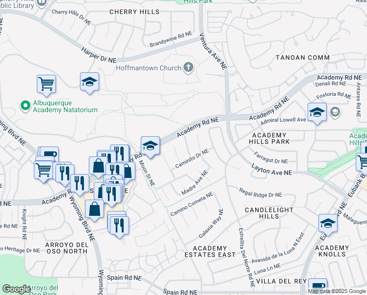 map of restaurants, bars, coffee shops, grocery stores, and more near 6116 Casa De Vida Northeast in Albuquerque