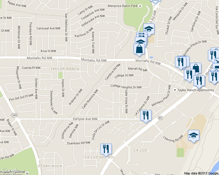 map of restaurants, bars, coffee shops, grocery stores, and more near 5305 College Heights Drive Northwest in Albuquerque