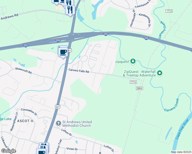 map of restaurants, bars, coffee shops, grocery stores, and more near 286 Carvers Falls Road in Fayetteville