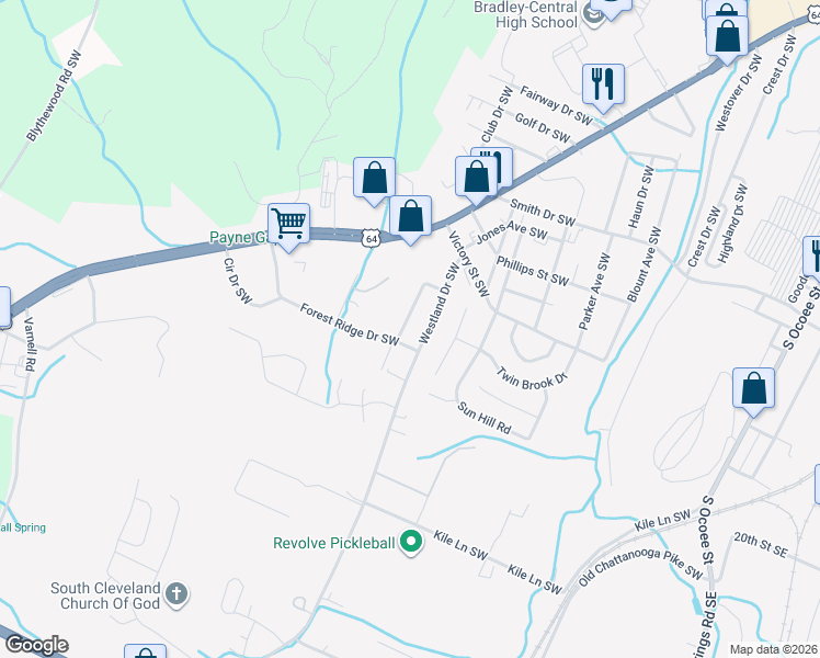 map of restaurants, bars, coffee shops, grocery stores, and more near 1724 Forest Ridge Circle in Cleveland