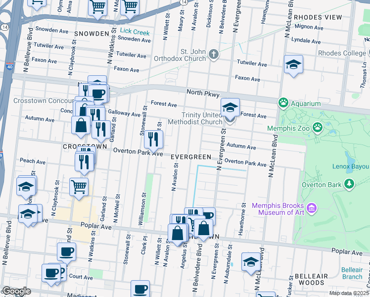 map of restaurants, bars, coffee shops, grocery stores, and more near 408 North Avalon Street in Memphis