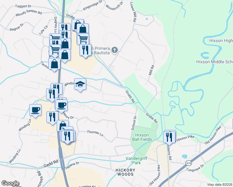 map of restaurants, bars, coffee shops, grocery stores, and more near 1371 Chase Meadows Circle in Chattanooga