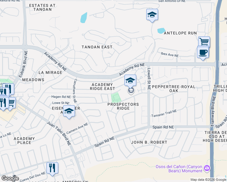 map of restaurants, bars, coffee shops, grocery stores, and more near 11304 Academy Ridge Road Northeast in Albuquerque