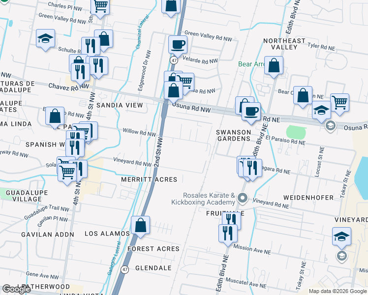 map of restaurants, bars, coffee shops, grocery stores, and more near 152 Willow Road Northwest in Albuquerque