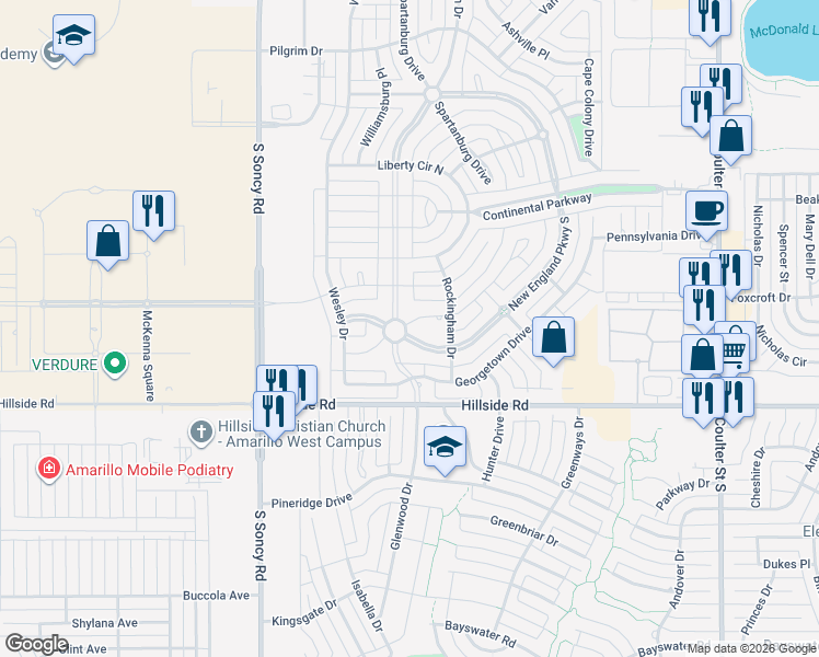 map of restaurants, bars, coffee shops, grocery stores, and more near 8299 Valcour Drive in Amarillo