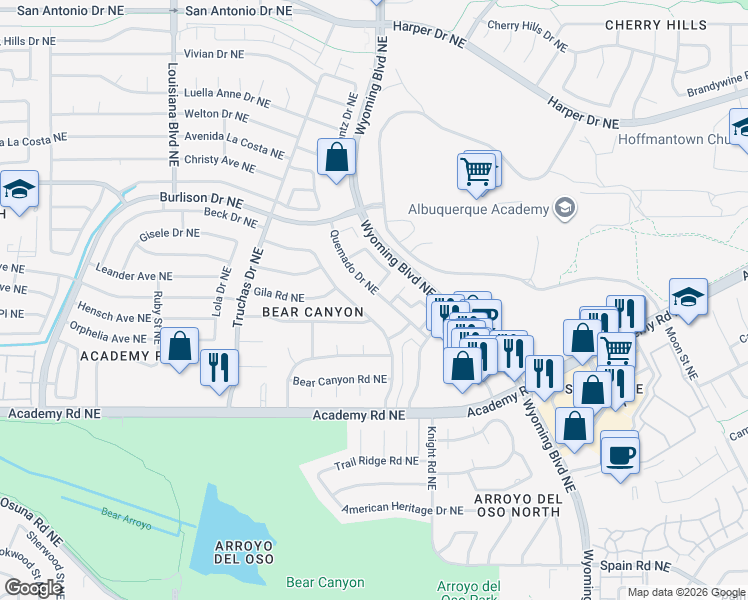 map of restaurants, bars, coffee shops, grocery stores, and more near 6105 Quemado Drive in Albuquerque