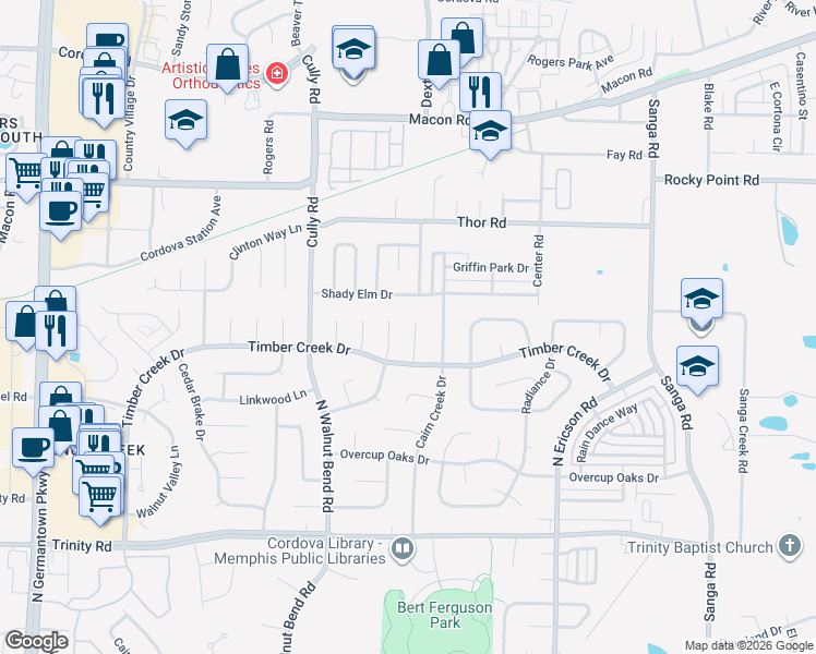 map of restaurants, bars, coffee shops, grocery stores, and more near 875 Wood Cade Cove in Memphis