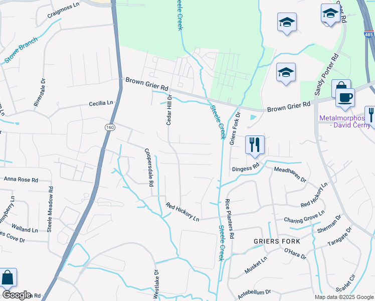 map of restaurants, bars, coffee shops, grocery stores, and more near 10212 Illoria Drive in Charlotte