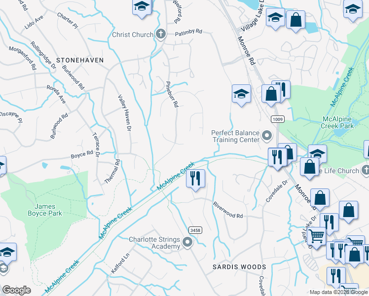 map of restaurants, bars, coffee shops, grocery stores, and more near 6115 Coltswood Court in Charlotte