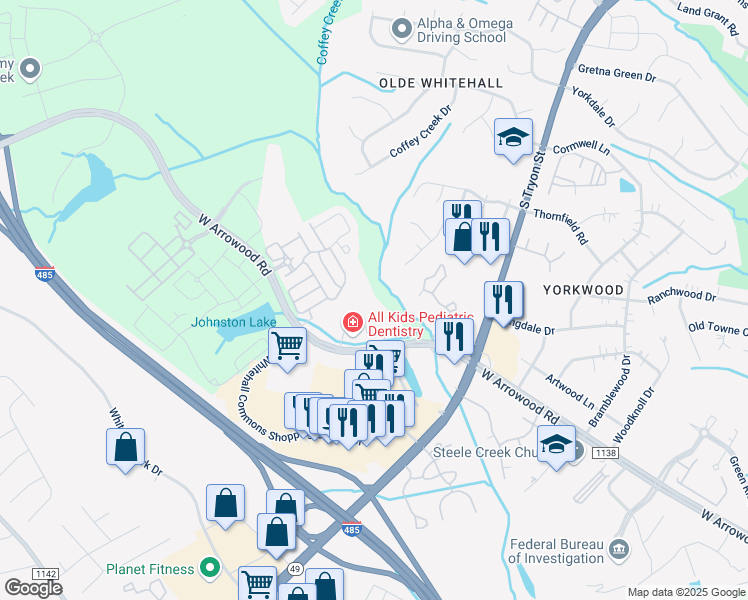 map of restaurants, bars, coffee shops, grocery stores, and more near 2660 West Arrowood Road in Charlotte