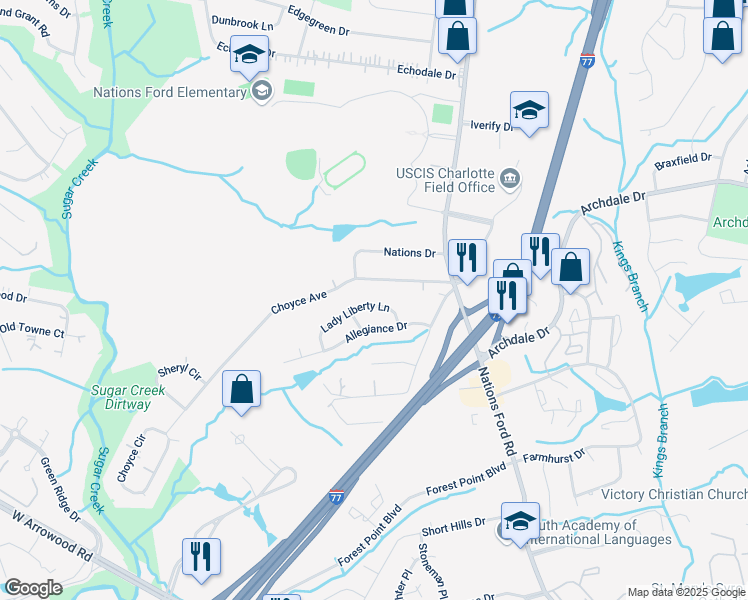 map of restaurants, bars, coffee shops, grocery stores, and more near 7605 Lady Liberty Lane in Charlotte