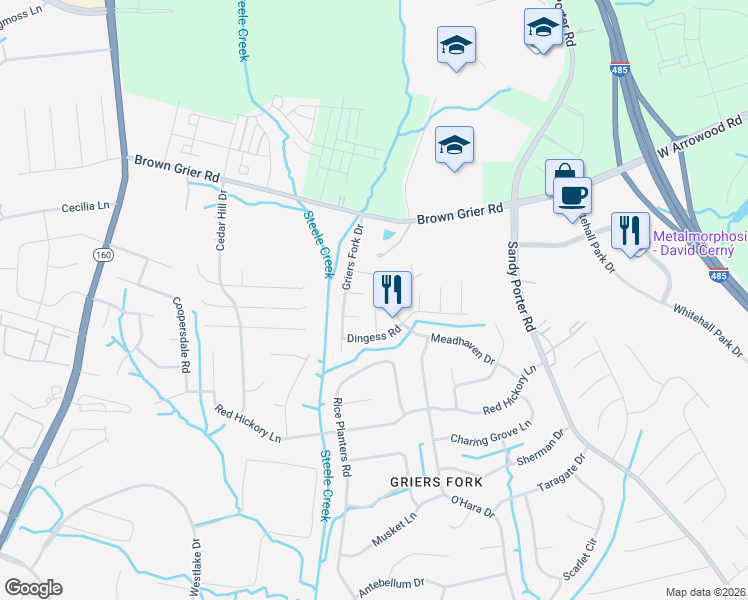 map of restaurants, bars, coffee shops, grocery stores, and more near 3924 Bayse Court in Charlotte