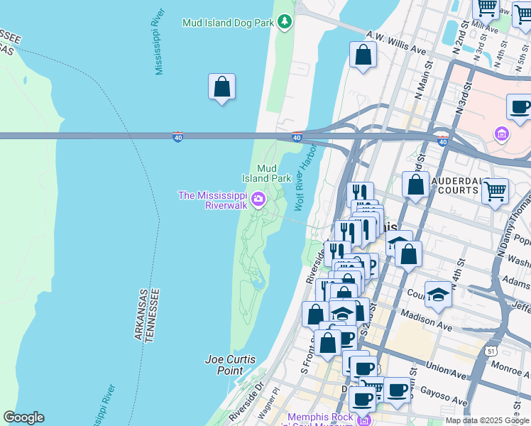 map of restaurants, bars, coffee shops, grocery stores, and more near 101 Island Drive in Memphis