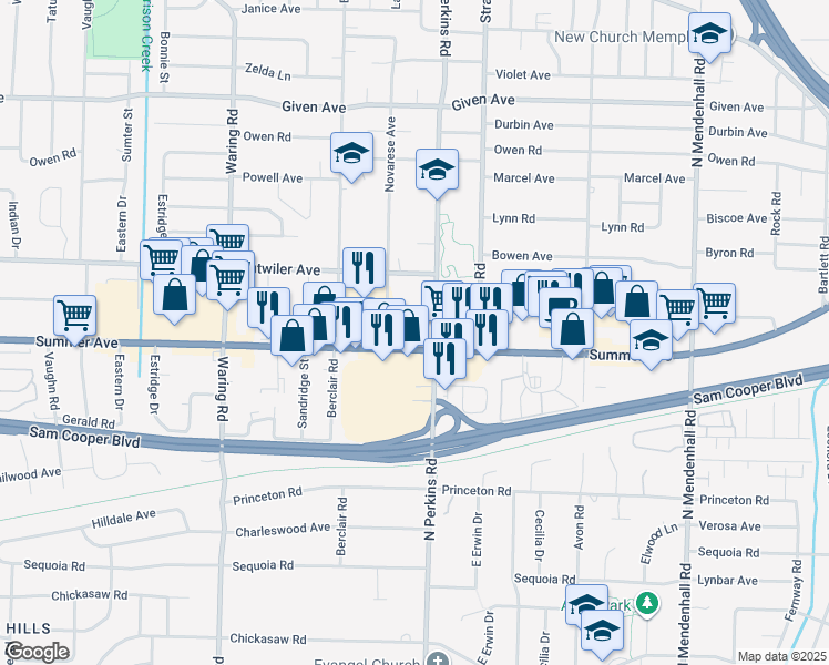 map of restaurants, bars, coffee shops, grocery stores, and more near 4566 Summer Avenue in Memphis