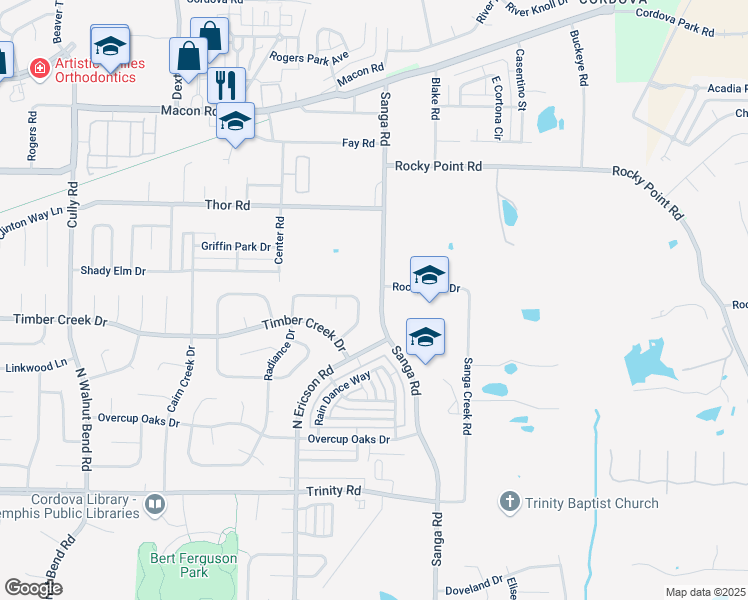 map of restaurants, bars, coffee shops, grocery stores, and more near 885 North Sanga Road in Memphis