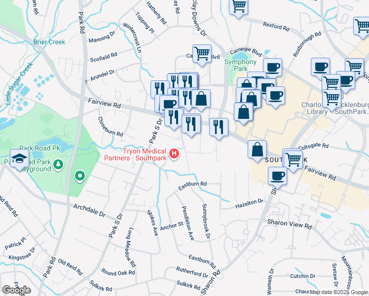 map of restaurants, bars, coffee shops, grocery stores, and more near 6041 Piedmont Row Drive South in Charlotte