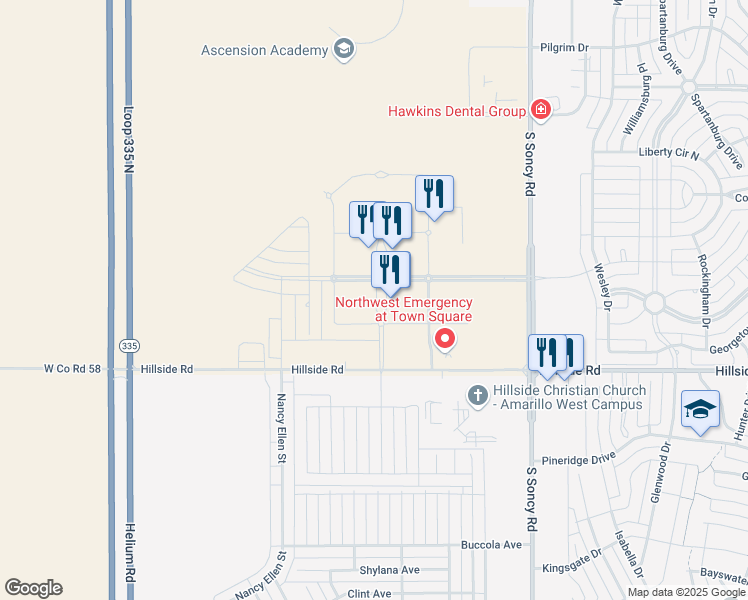 map of restaurants, bars, coffee shops, grocery stores, and more near 9181 Town Square Boulevard in Amarillo