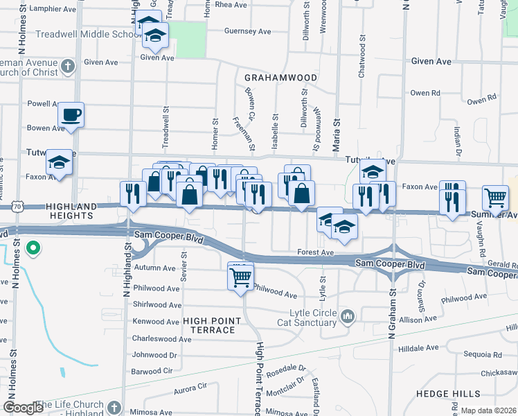 map of restaurants, bars, coffee shops, grocery stores, and more near Highway 1 in Memphis