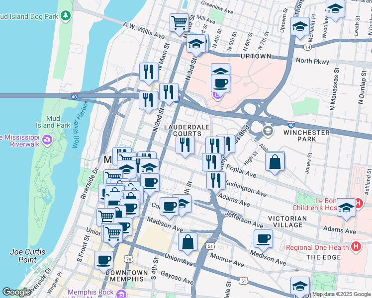 map of restaurants, bars, coffee shops, grocery stores, and more near 220 Poplar Avenue in Memphis