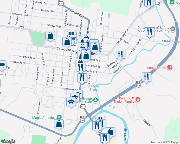 map of restaurants, bars, coffee shops, grocery stores, and more near Elk Avenue South in Fayetteville