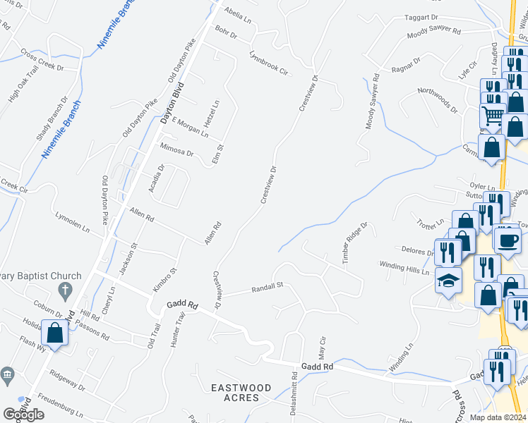 map of restaurants, bars, coffee shops, grocery stores, and more near 5526 Crestview Drive in Chattanooga