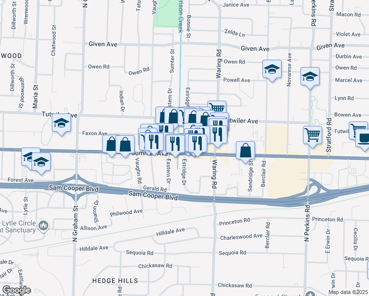 map of restaurants, bars, coffee shops, grocery stores, and more near 4270 Summer Avenue in Memphis