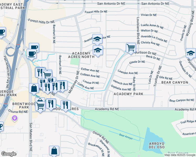 map of restaurants, bars, coffee shops, grocery stores, and more near 6504 Colleen Avenue Northeast in Albuquerque