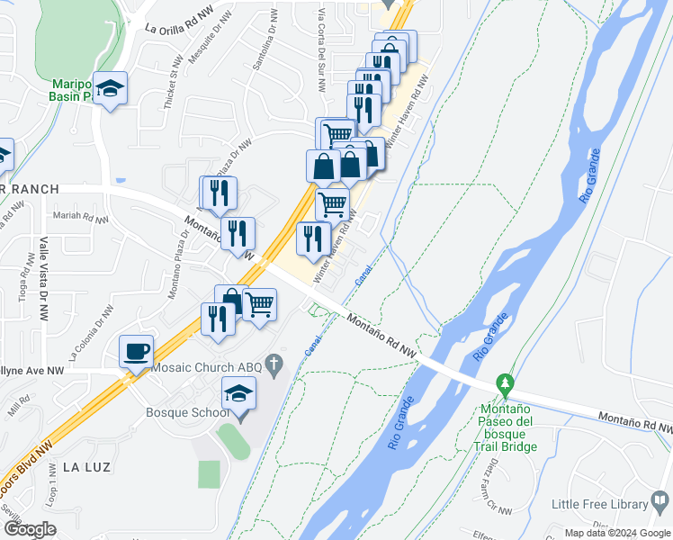 map of restaurants, bars, coffee shops, grocery stores, and more near 3605 Calle Montosa Court Northwest in Albuquerque