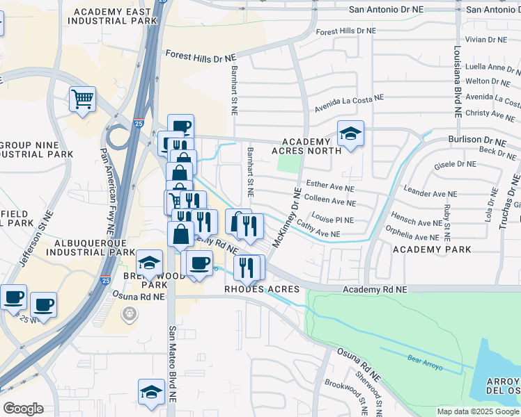 map of restaurants, bars, coffee shops, grocery stores, and more near 6308 Cathy Avenue Northeast in Albuquerque