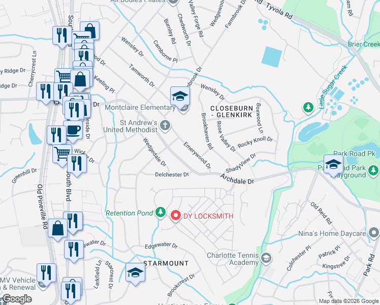map of restaurants, bars, coffee shops, grocery stores, and more near 2026 Emerywood Drive in Charlotte