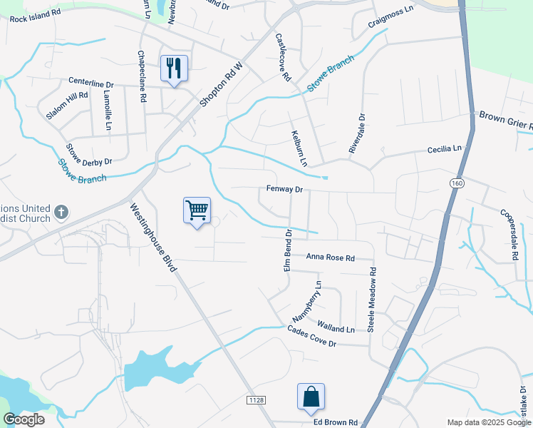 map of restaurants, bars, coffee shops, grocery stores, and more near 9920 Wrigley Drive in Charlotte