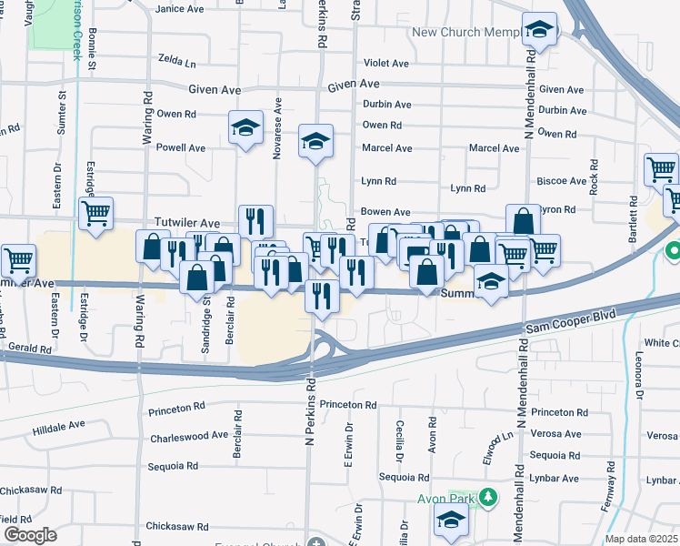map of restaurants, bars, coffee shops, grocery stores, and more near 663 Stratford Road in Memphis