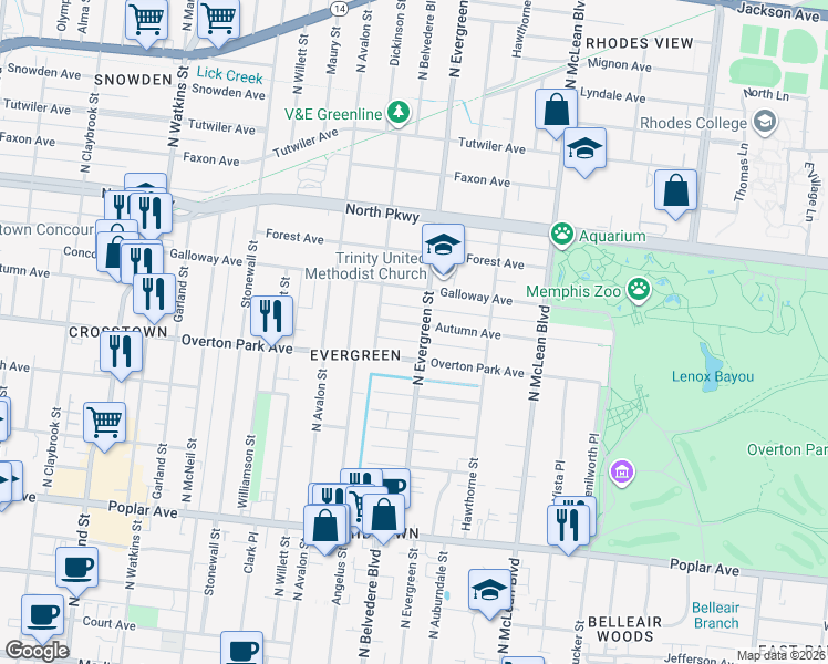 map of restaurants, bars, coffee shops, grocery stores, and more near 1695 Autumn in Memphis