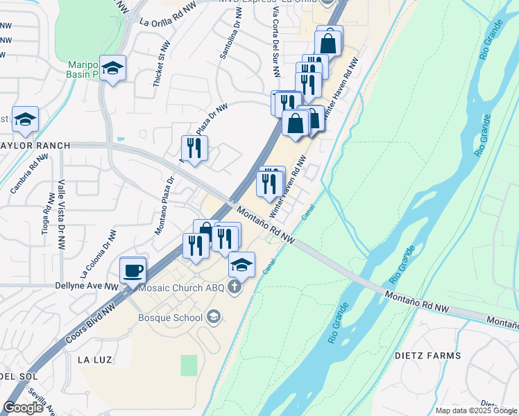 map of restaurants, bars, coffee shops, grocery stores, and more near 6010 Coors Boulevard Northwest in Albuquerque