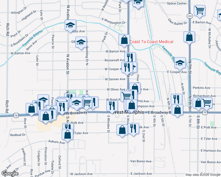 map of restaurants, bars, coffee shops, grocery stores, and more near 45 West Oliver Avenue in West Memphis