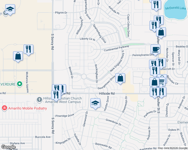 map of restaurants, bars, coffee shops, grocery stores, and more near 8201 Valcour Drive in Amarillo