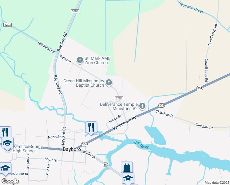 map of restaurants, bars, coffee shops, grocery stores, and more near 310 Water Street in Bayboro