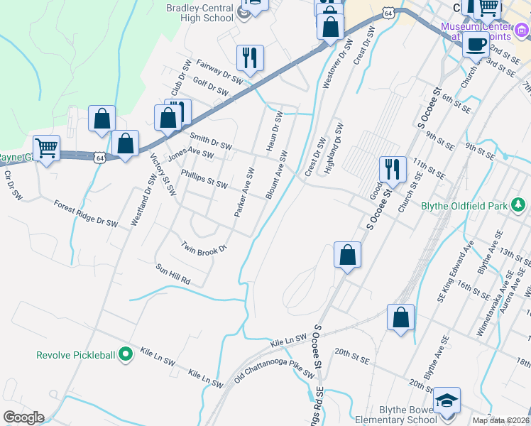 map of restaurants, bars, coffee shops, grocery stores, and more near 1605 Blount Avenue Southwest in Cleveland