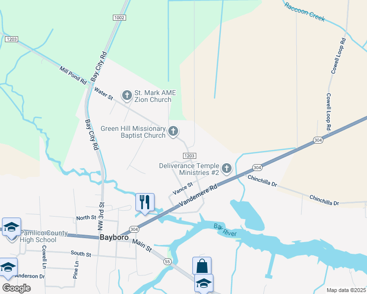 map of restaurants, bars, coffee shops, grocery stores, and more near 310 Water Street in Bayboro