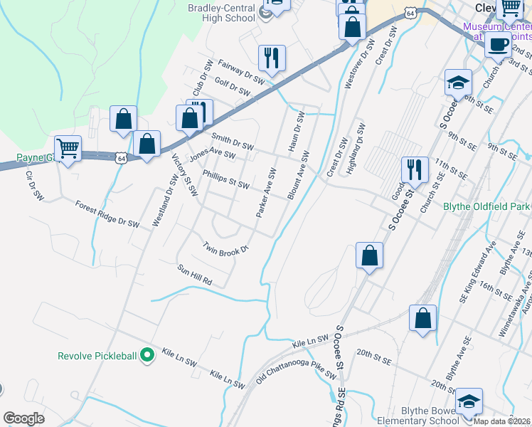 map of restaurants, bars, coffee shops, grocery stores, and more near 1607 Parker Avenue Southwest in Cleveland