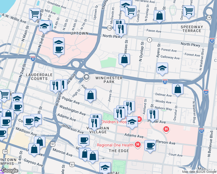 map of restaurants, bars, coffee shops, grocery stores, and more near 303 Jones Street in Memphis