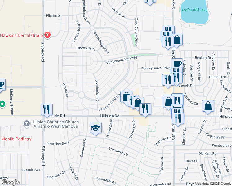 map of restaurants, bars, coffee shops, grocery stores, and more near 5611 Barrington Court in Amarillo