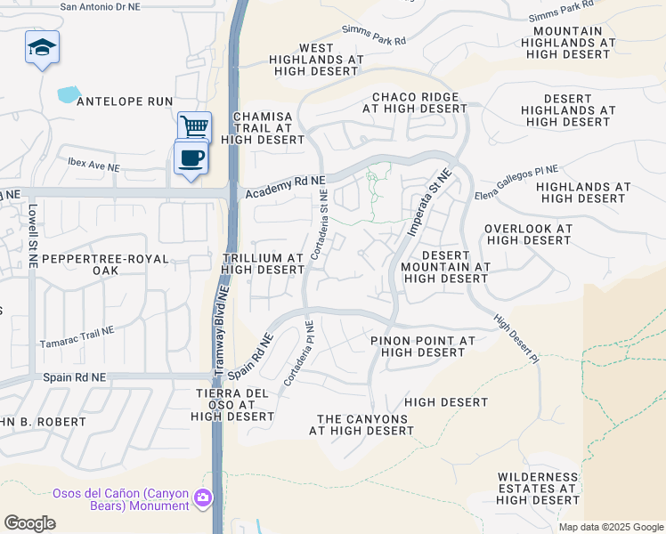 map of restaurants, bars, coffee shops, grocery stores, and more near 6000 Cortaderia Street Northeast in Albuquerque
