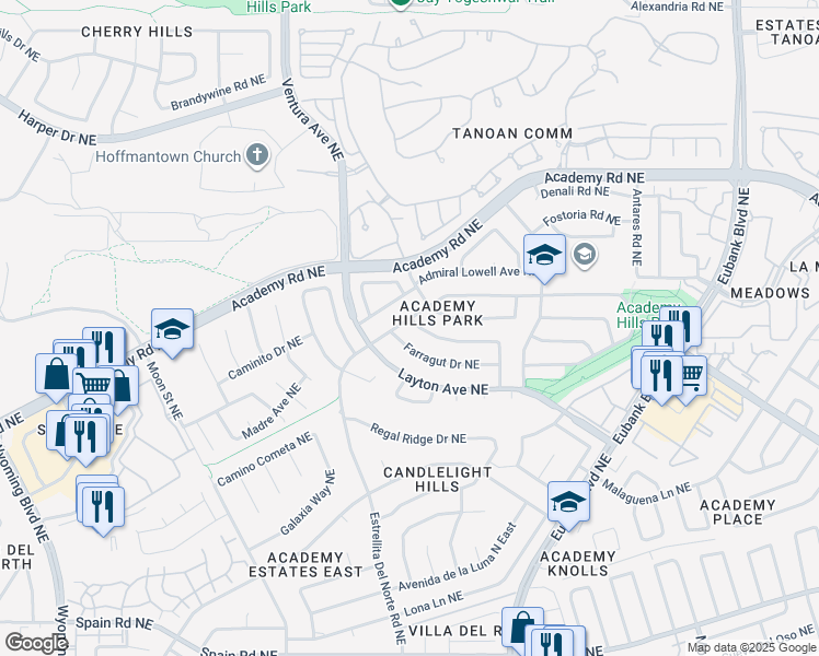 map of restaurants, bars, coffee shops, grocery stores, and more near 9400 Academy Hills Drive Northeast in Albuquerque