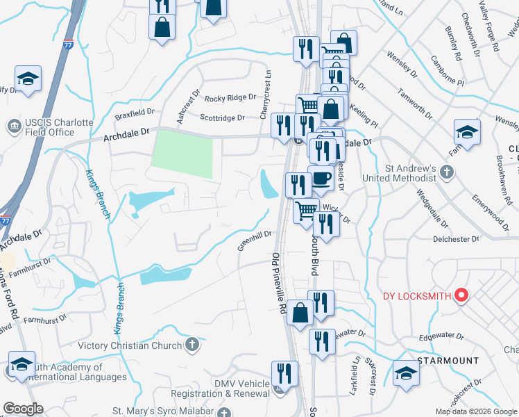map of restaurants, bars, coffee shops, grocery stores, and more near 905 Pineville Point Avenue in Charlotte