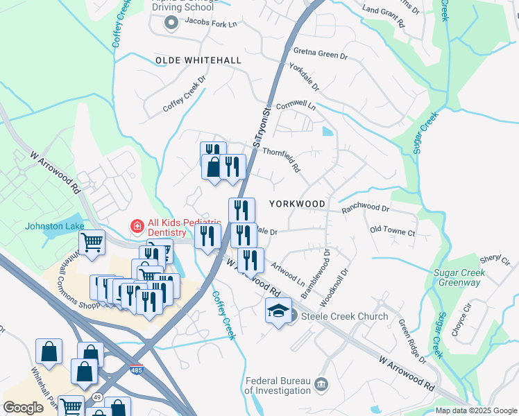 map of restaurants, bars, coffee shops, grocery stores, and more near 7735 Holliswood Court in Charlotte